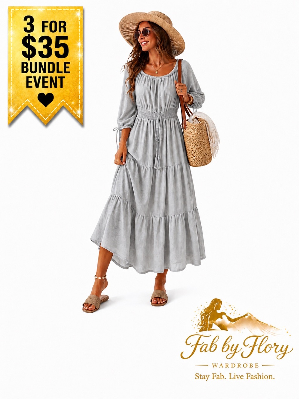 Endless Blue ✨ Women's Light Gray Tiered Peasant Dress